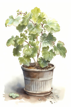 Botanical Watercolor Illustration of Hazel in Pot. Generative AI