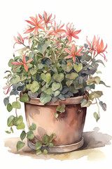 Botanical Watercolor Illustration of Honeysuckle in Pot. Generative AI