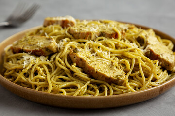 Homemade Pesto alla Genovese Pasta on a Plate, low angle view.