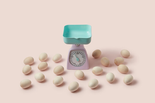 Wooden Easter eggs scattered around scales.