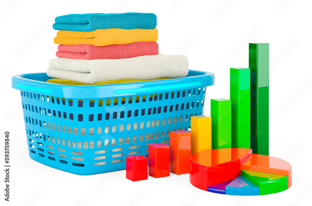 Poster laundry basket with growth bar graph and pie chart. 3d rendering