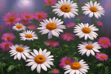 Obraz premium Oil Painting daisies flowers in the garden, photo realistic - generative ai