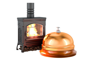 Potbelly stove, wood burner stove with reception bell, 3D rendering