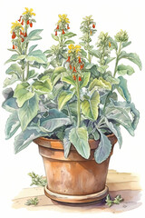 Obraz premium Botanical Watercolor Illustration of Jerusalem Sage in Pot. Generative AI