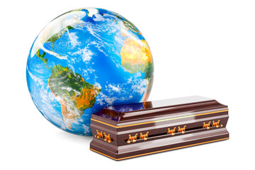 Wooden coffin with Earth Globe, 3D rendering