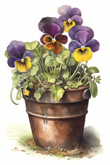 Botanical Watercolor Illustration of Johnny-Jump-Up in Pot. Generative AI