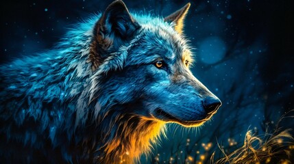 Wolf under the night sky with blue moon. Generative AI.