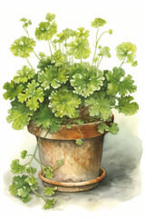 Botanical Watercolor Illustration of Lady's Mantle in Pot. Generative AI