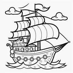coloring page of a pirate ship sailing in the ocean
