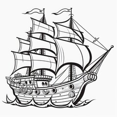 a black and white coloring page drawing of a pirate ship