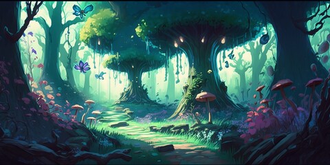 a painting of a forest with mushrooms and trees