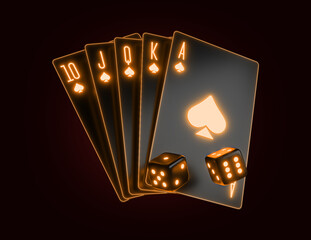 Casino chip with neon light and dark background. casino mix slot machine roulette dice set card chips. Casino Gambling Concept. 3d rendered illustration