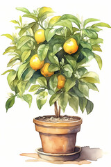 Botanical Watercolor Illustration of Lemon in Pot. Generative AI