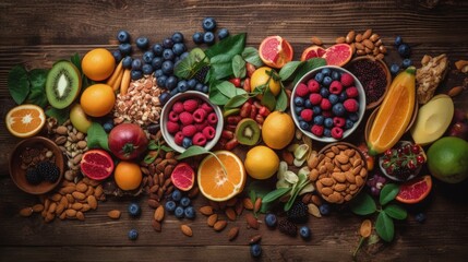 Bountiful harvest: Assorted fresh fruits and berries on a rustic wooden background. Generative AI