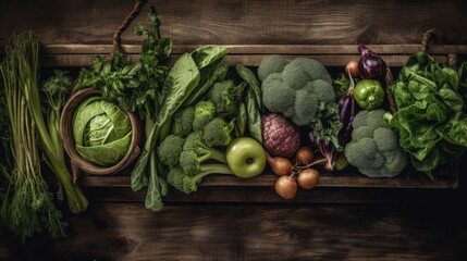 Fresh vegetables on a rustic wooden table. Generative AI