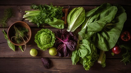 Fresh vegetables on a rustic wooden background. Generative AI