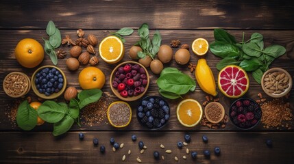 Bountiful harvest: Assorted fresh fruits and berries on a rustic wooden background. Generative AI