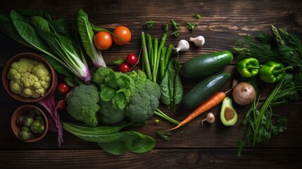 Assorted fresh vegetables on a rustic wooden background. Generative AI
