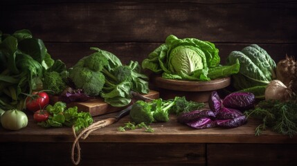 Fresh vegetables on a wooden table. Generative AI