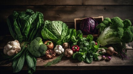 Fresh vegetables on a wooden table. Generative AI