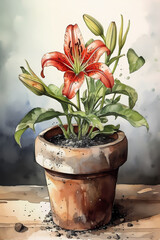 Botanical Watercolor Illustration of Lily in Pot. Generative AI
