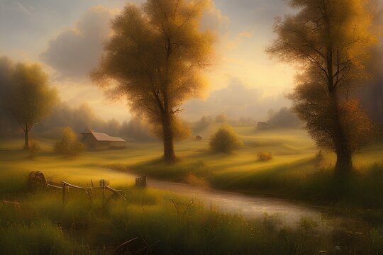 Oil painting rural landscape with trees, field. Fine art, artwork - generative ai