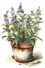 Botanical Watercolor Illustration of Lobelia in Pot. Generative AI