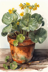 Botanical Watercolor Illustration of Marsh Marigold in Pot. Generative AI
