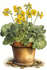 Botanical Watercolor Illustration of Marsh Marigold in Pot. Generative AI