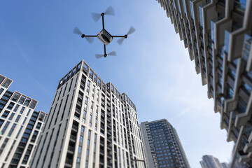 3d illustration of drone flying above high rise buildings