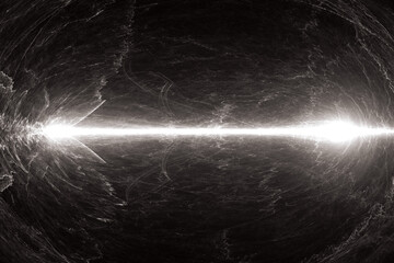 White glowing pattern of crooked waves and rays on a black background. Abstract fractal 3D rendering
