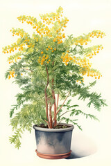 Botanical Watercolor Illustration of Mimosa in Pot. Generative AI