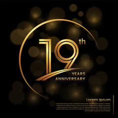 19th Anniversary logo design with double line numbers. Golden anniversary template. Vector Logo Template