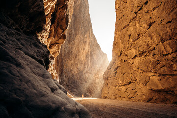 Backpacker hiking in the desert of Saudi Arabia