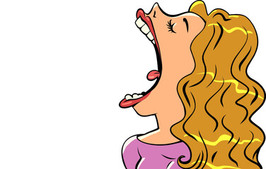 A girl with golden hair opens her mouth wide. Customer consumption.