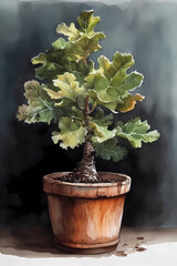 Botanical Watercolor Illustration of Oak in Pot. Generative AI