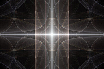 White glowing pattern of crooked waves and rays on a black background. Abstract fractal 3D rendering