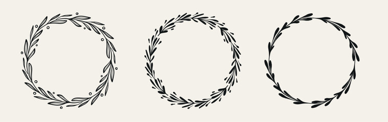 Set of black decorative Circle floral frame. Vector Wreath with branches, herbs, plants, leaves