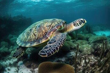 Fototapeta na wymiar A green turtle swimming over a coral reef created with Generative AI technology