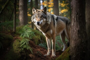 Naklejka na ściany i meble A wolf standing in the middle of a forest created with Generative AI technology