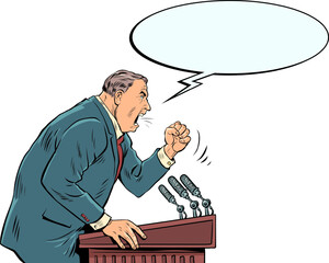 A massive man in a suit and red tie screams emotionally from the podium into the microphones. The politician proves his case and argues with his opponent.