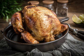 Roasted chicken on plate.