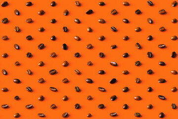 Freshly roasted coffee beans in tidy rows