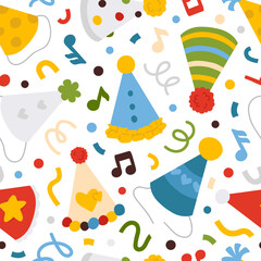 Vector seamless background pattern with cartoon party hats for surface pattern design 