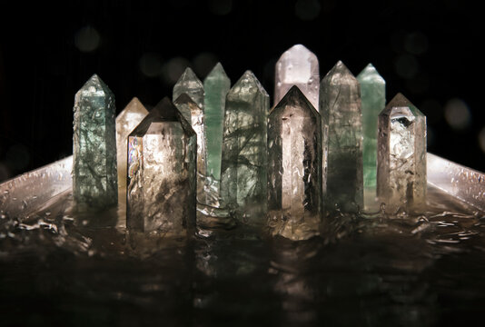 Closeup beautiful mystical pile of crystals under mystical light