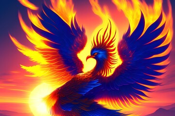 Fototapeta premium Phoenix, with its sun-glowing feathers followed by the trail of solar flares, is the mythical creature - generative ai