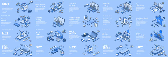 Different isometric scene. Digital 3d device. Nft, credit report, cloud technology, online banking, mobile data, online review, ui ux dedign, we are hiring. Vector illustration concept