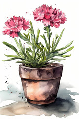 Botanical Watercolor Illustration of Pink in Pot. Generative AI