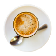 National drink of Spanish cuisine is Cortado coffee, made on the basis of espresso with the addition of milk. Isolated over white background