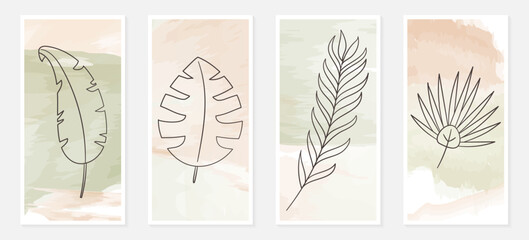 Contour tropical leaves on a background of watercolor stains. Botany, plant and ecology theme. Nature. Banners and postcards. Pastel colors. 4 types of leaves. Vector illustration.